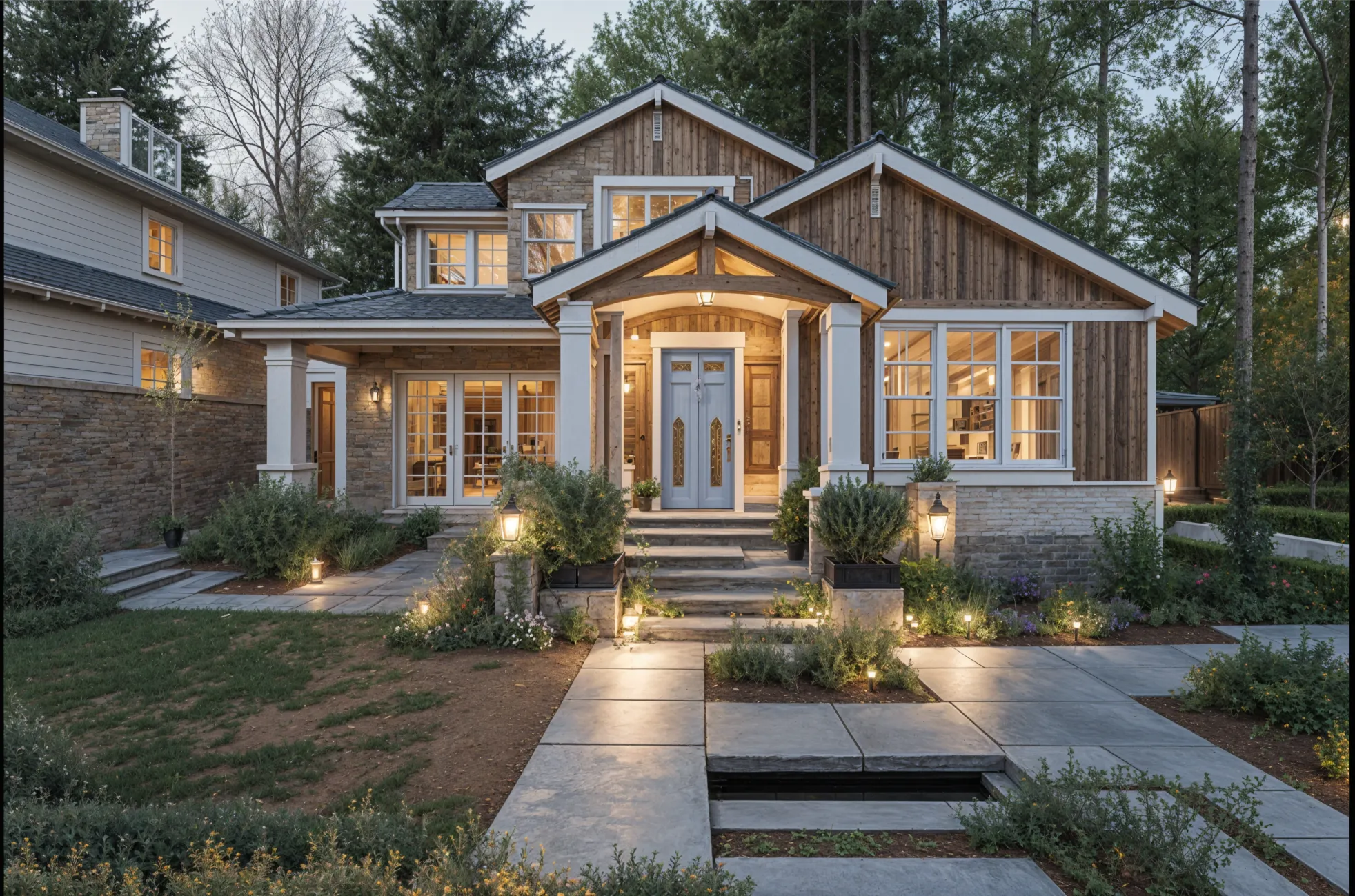The same house redesigned in a contemporary style with wood siding and path lighting