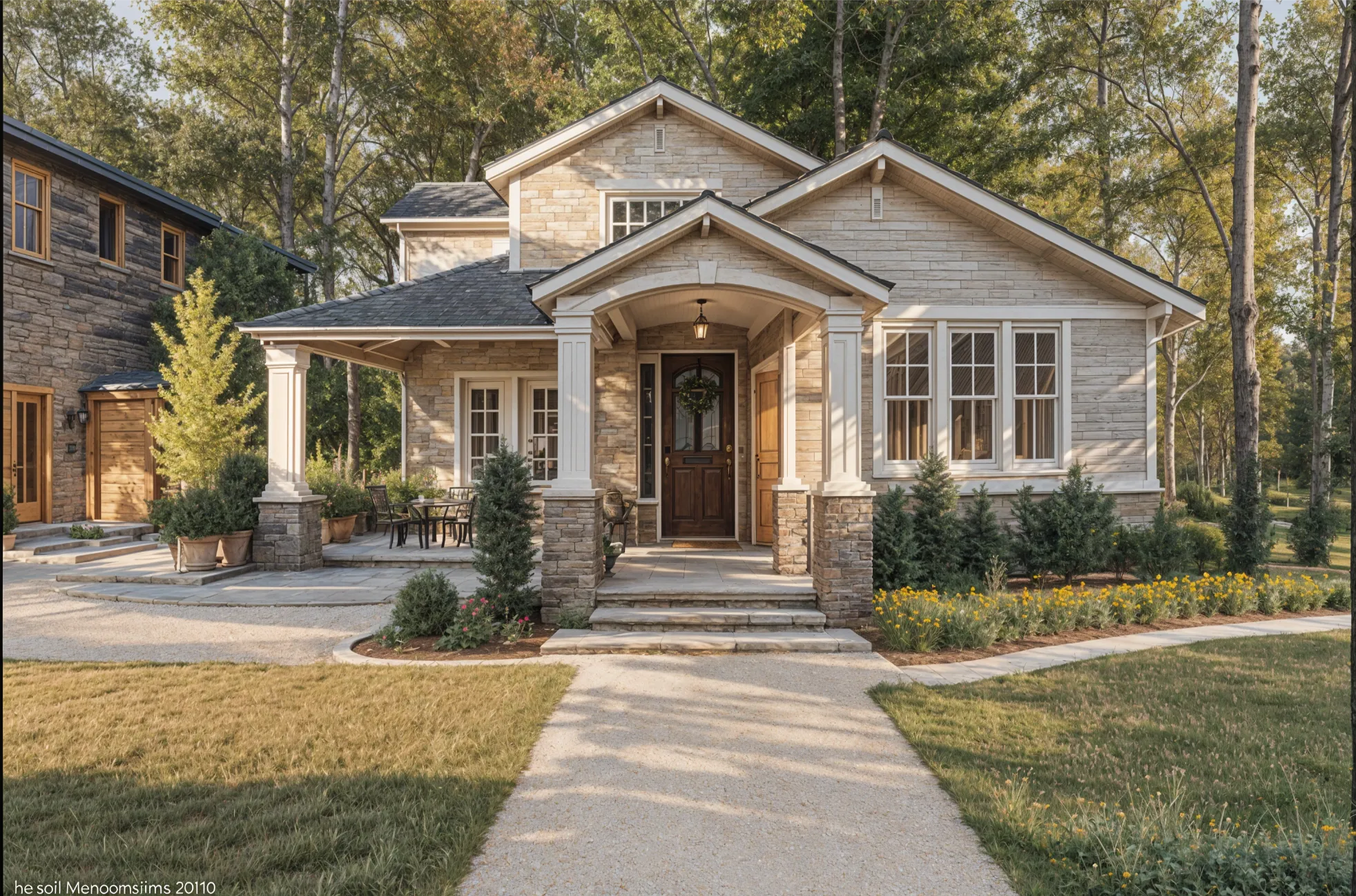 The same house in a farmhouse style with light siding and a stone walk