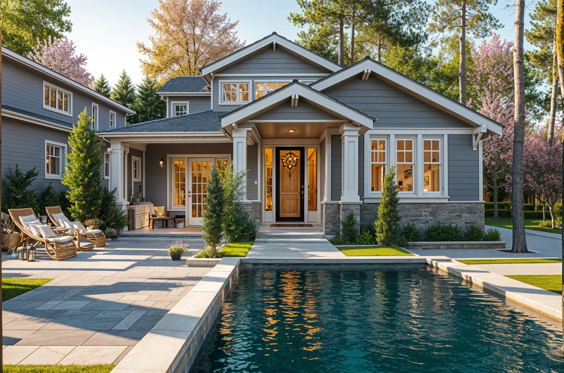 The same house with gray siding and a new pool and patio in front