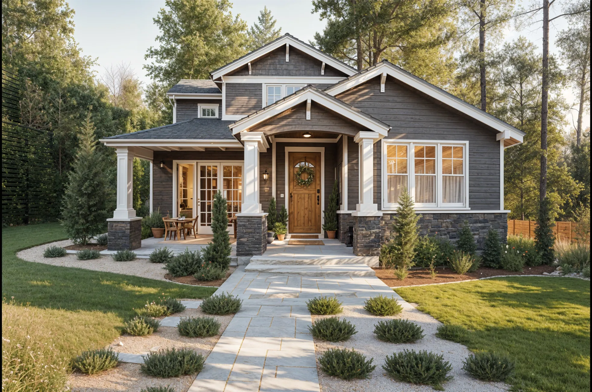 The same house in a transitional style with charcoal siding and a planted front walk