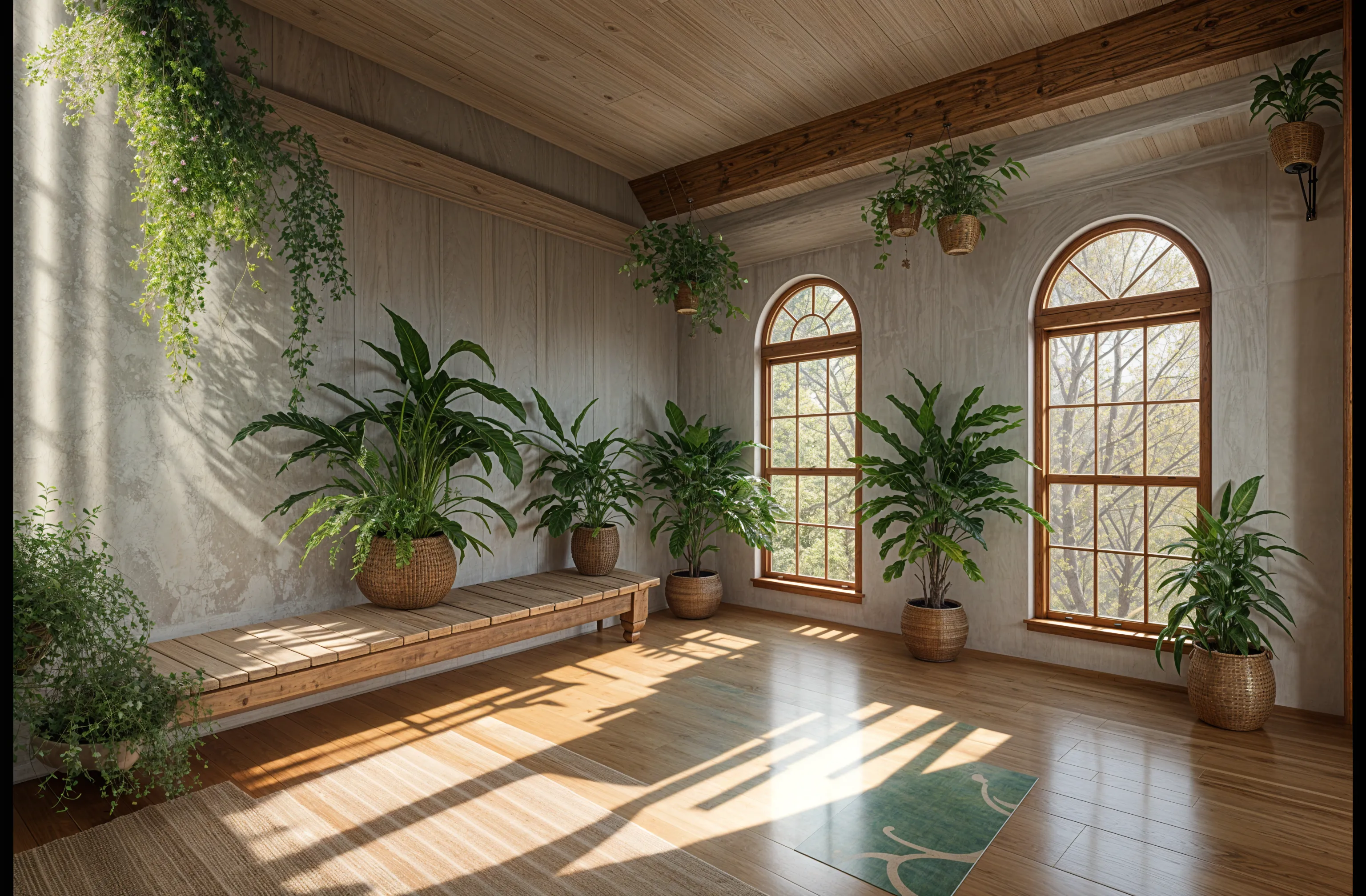 The same living room furnished in a biophilic style with plants and natural materials