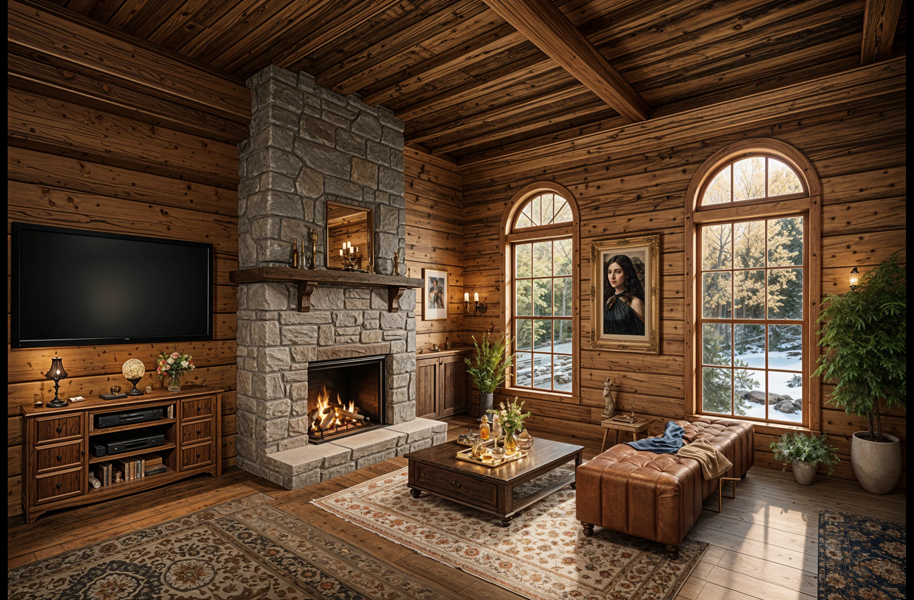 The same living room redesigned in a cabin style