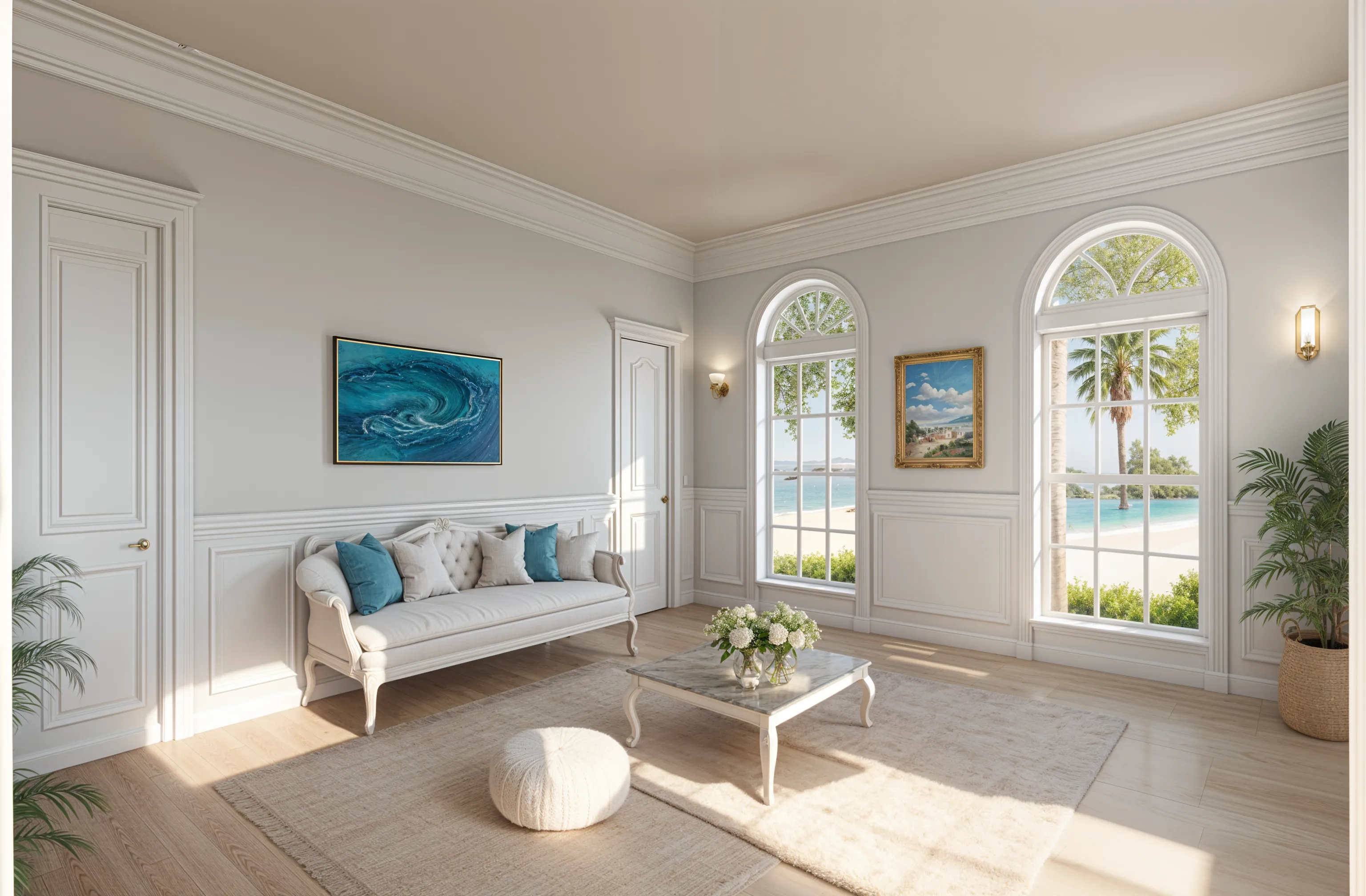 The same living room redesigned in a coastal style