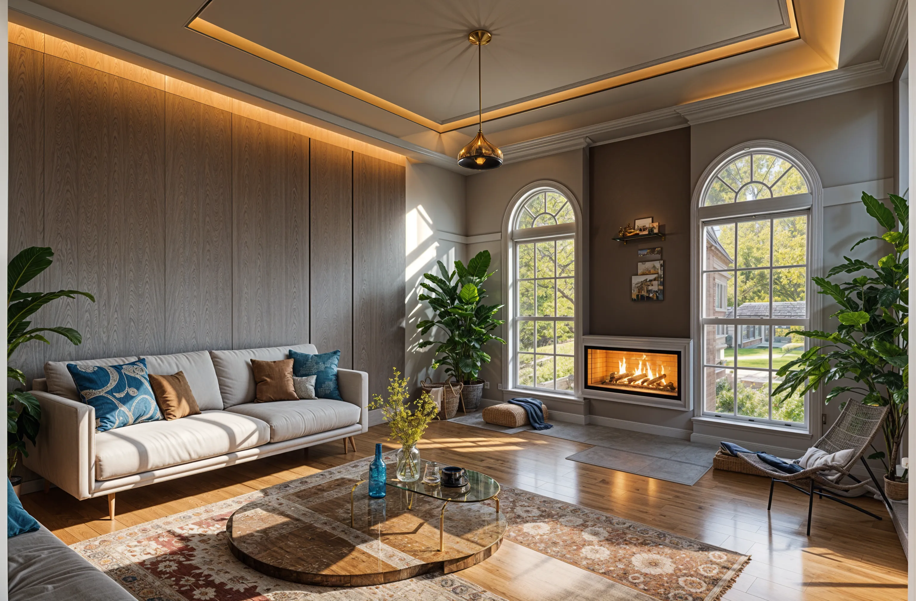 The same living room redesigned in a mid-century modern style