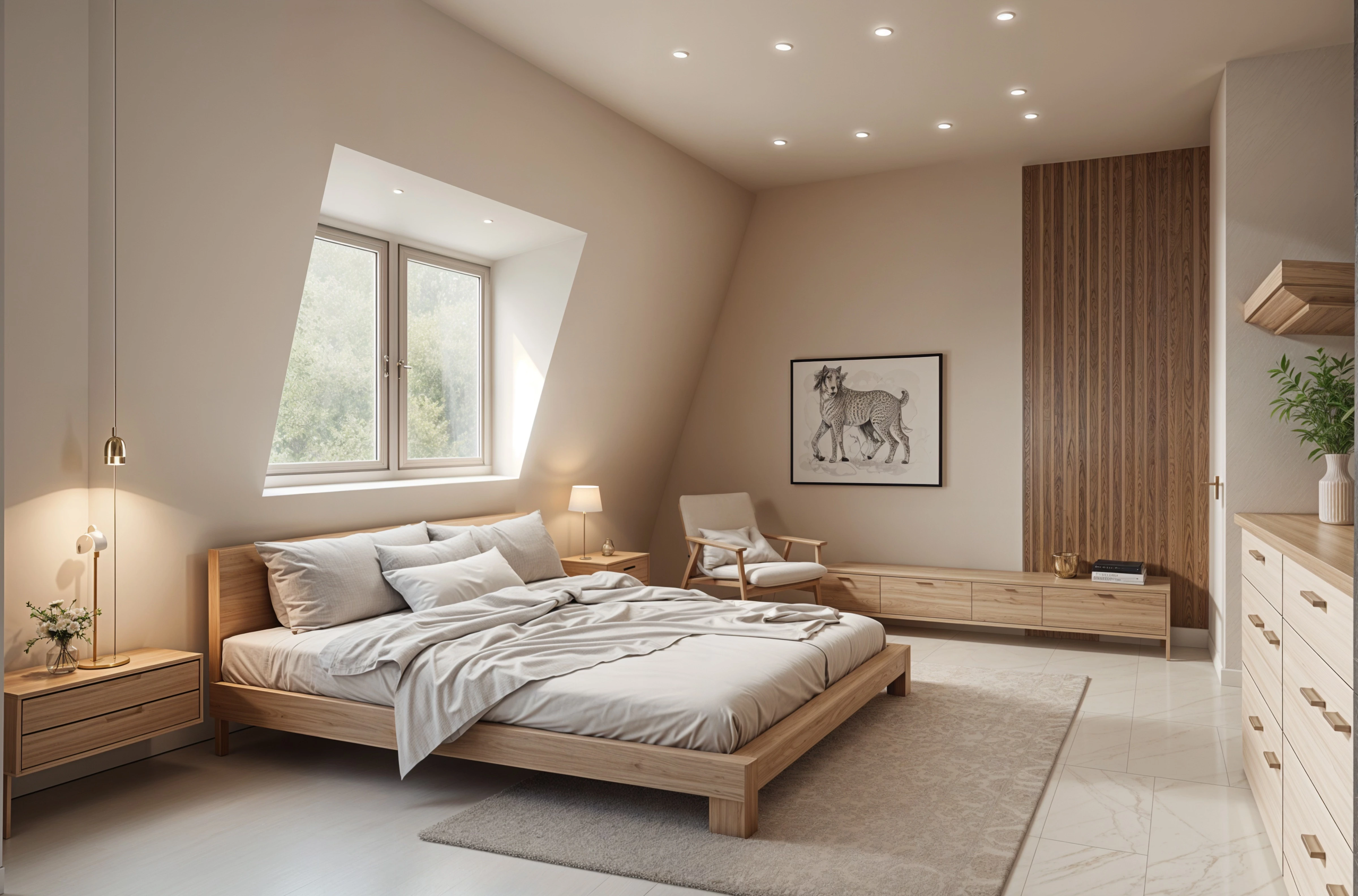 The same bedroom after, warm Scandinavian