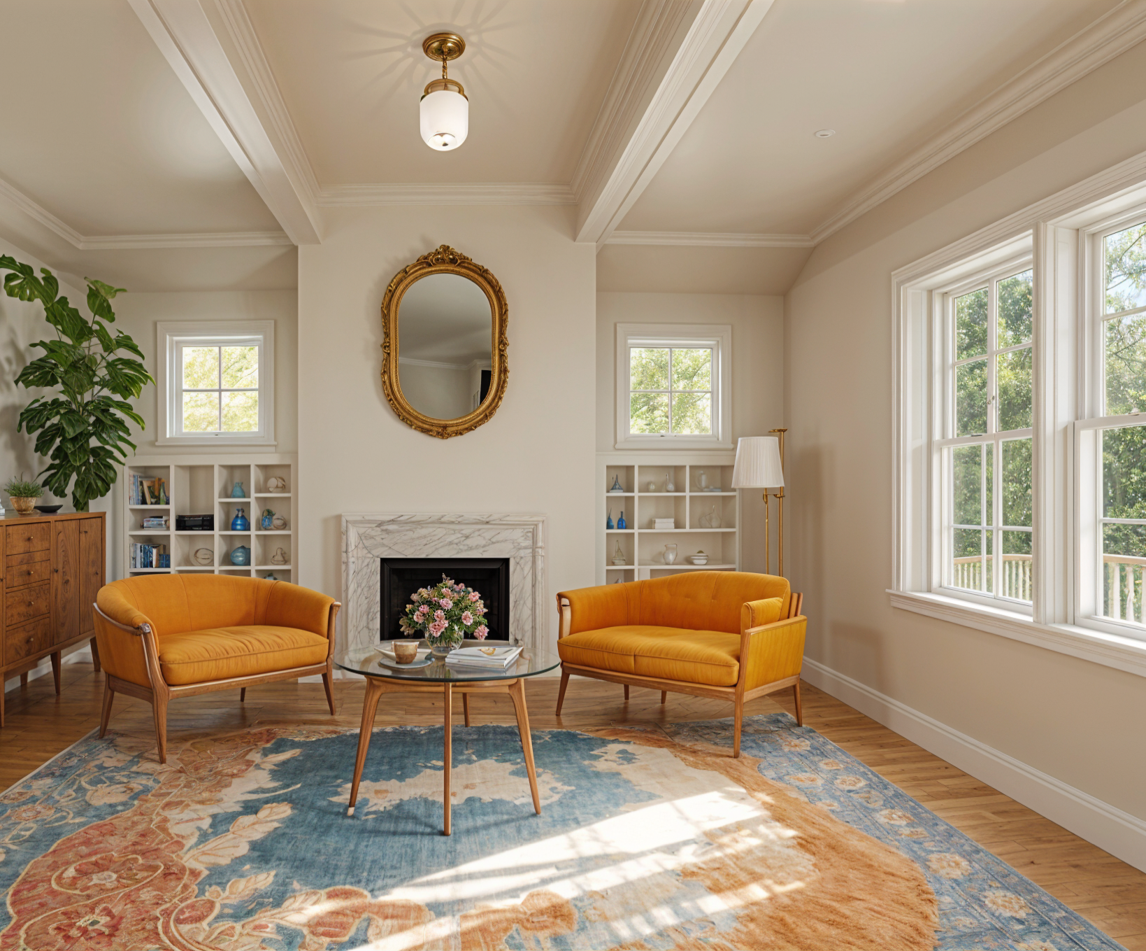 The same room decorated with orange armchairs, a patterned rug, and a round mirror